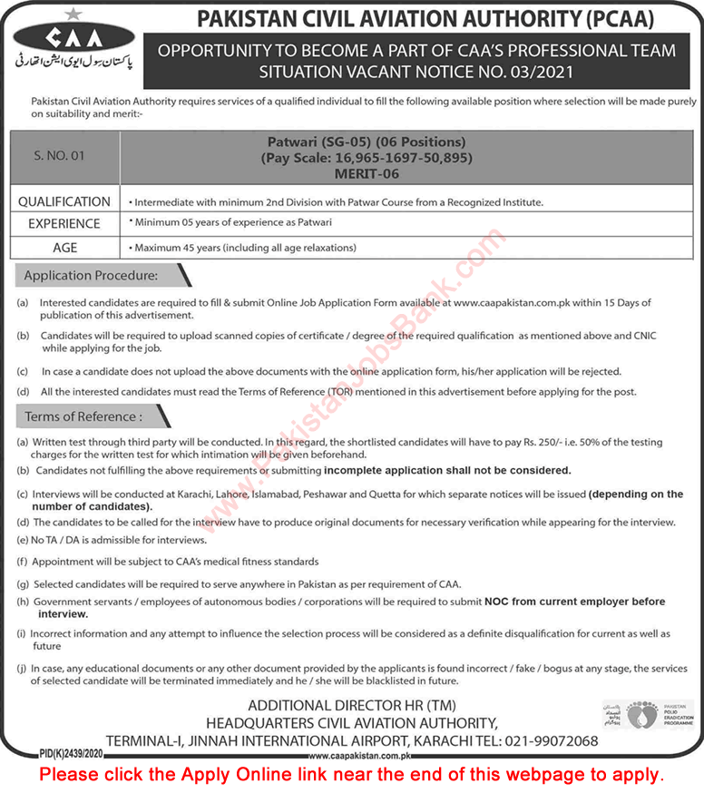 Patwari Jobs in Civil Aviation Authority 2021 March Apply Online PCAA Latest
