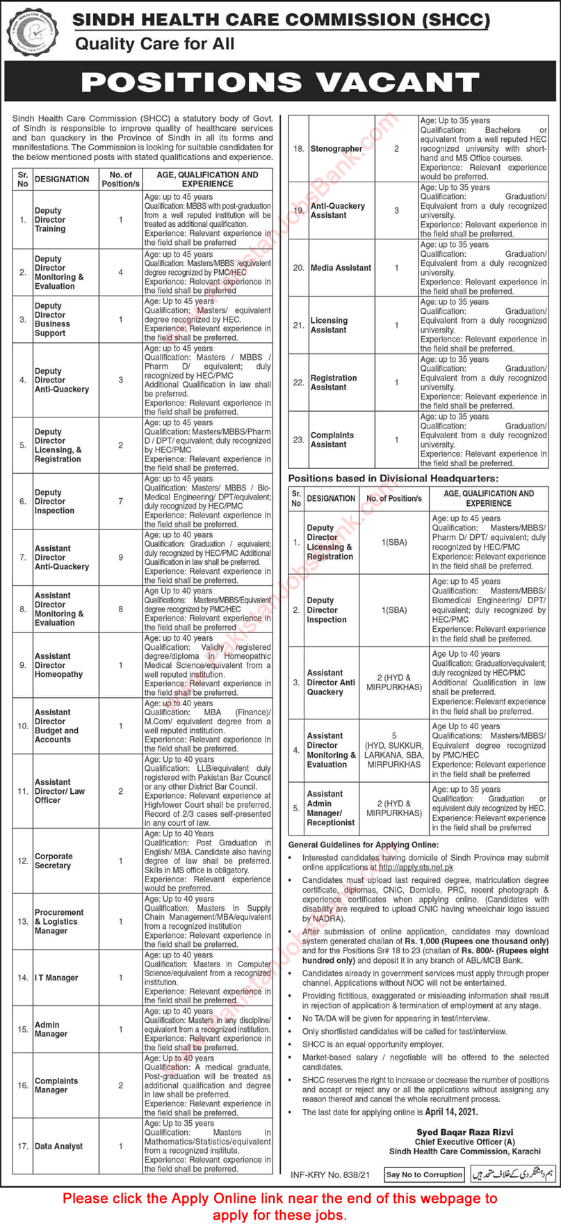 Sindh Health Care Commission Jobs 2021 March STS Apply Online Assistant Directors & Others Latest