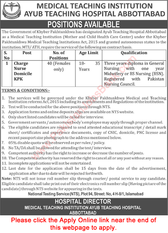 Charge Nurse Jobs in Ayub Teaching Hospital Abbottabad 2021 March NTS Application Form MTI Latest