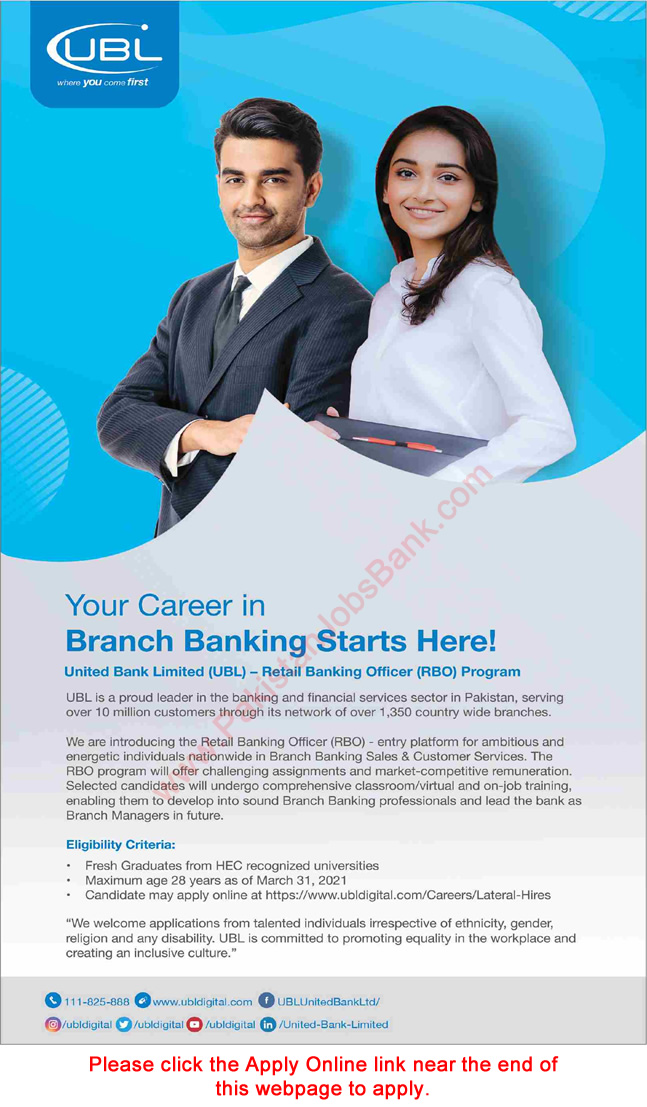 Retail Banking Officer Jobs in UBL 2021 March Apply Online United Bank Limited Latest