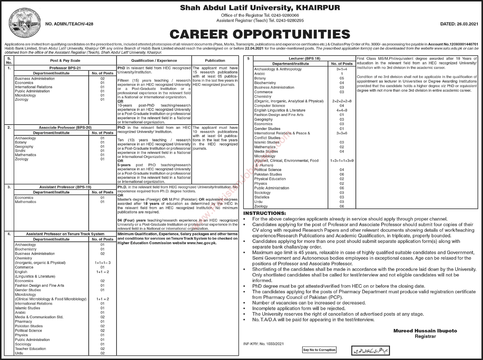 Shah Abdul Latif University Khairpur Jobs 2021 March Teaching Faculty SALU Latest