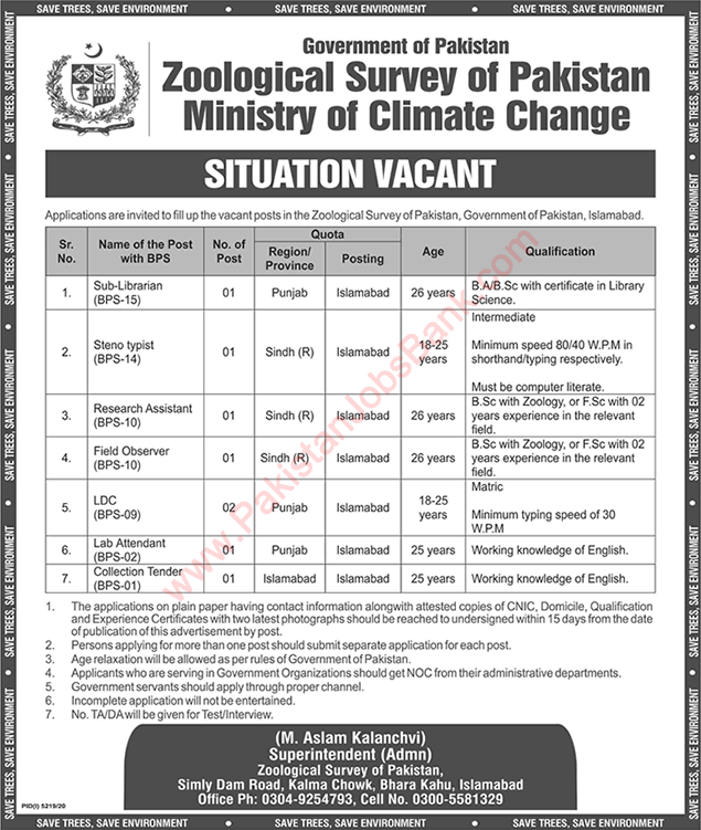 Zoological Survey of Pakistan Islamabad Jobs 2021 March Ministry of Climate Change Latest