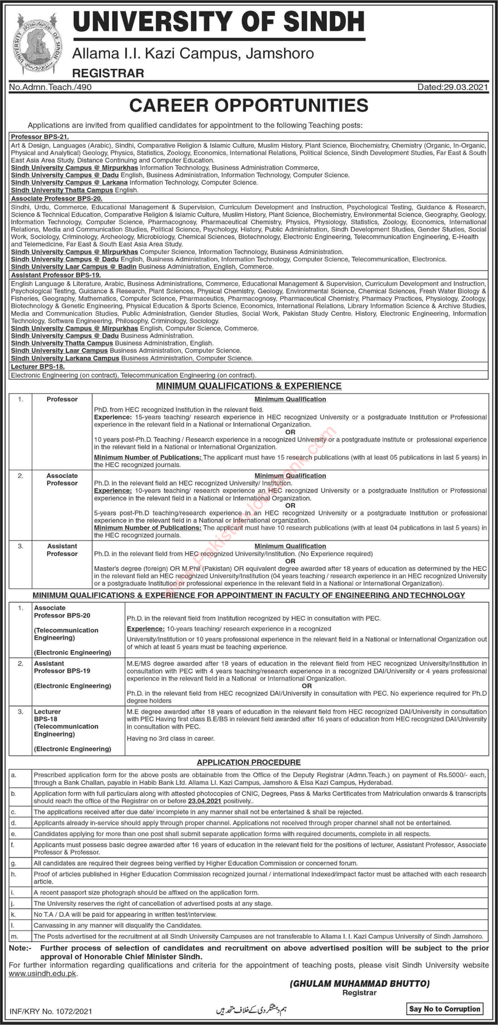 University of Sindh Jamshoro Jobs 2021 March / April Teaching Faculty Latest