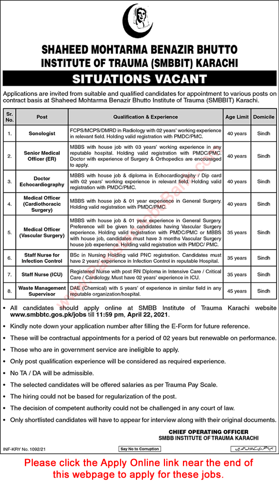 Shaheed Mohtarma Benazir Bhutto Institute of Trauma Karachi Jobs April 2021 SMBBIT Apply Online Latest