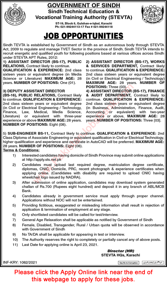 STEVTA Jobs April 2021 Assistant STS Apply Online Assistant Directors & Sub Engineers Latest