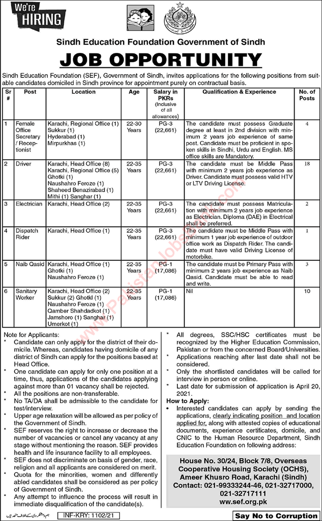 Sindh Education Foundation Jobs April 2021 Drivers, Sanitary Workers, Naib Qasid & Others SEF Latest