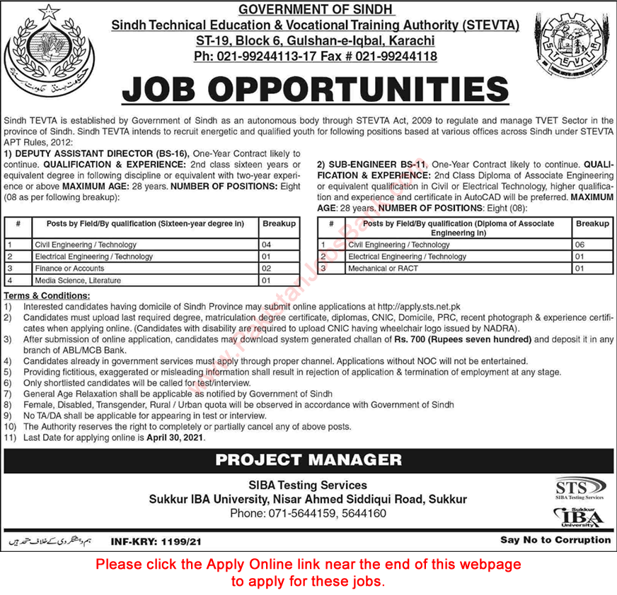 STEVTA Jobs April 2021 STS Apply Online Sub Engineers & Deputy Assistant Directors Latest