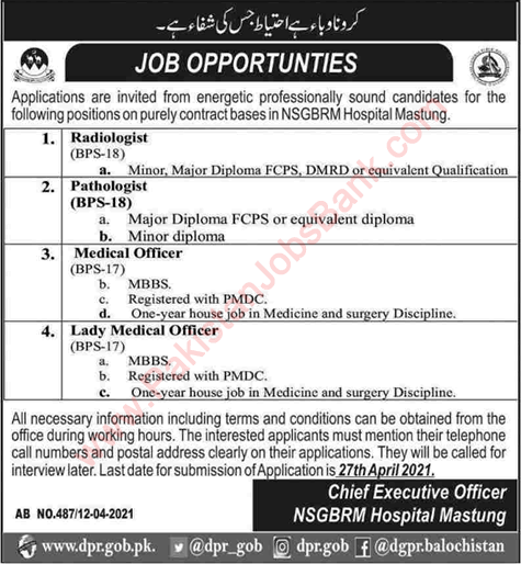 Nawab Shaheed Ghous Bakhsh Raisani Memorial Hospital Mastung Jobs 2021 April SNGBRM Latest