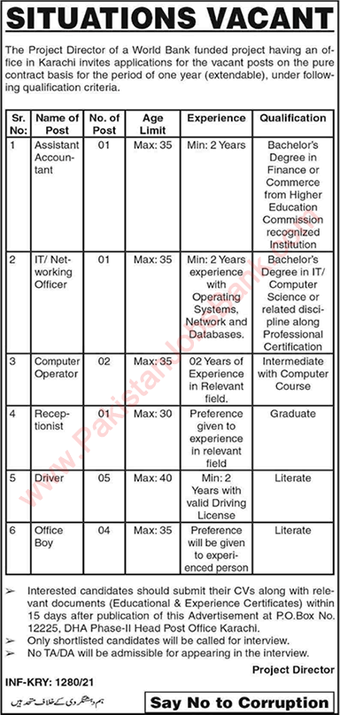 PO Box 12225 Karachi Jobs 2021 April World Bank Funded Project Latest