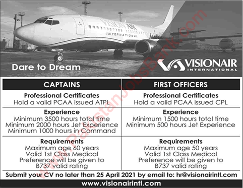 Vision Air International Jobs 2021 April Pilots (Captains & First Officers) Latest