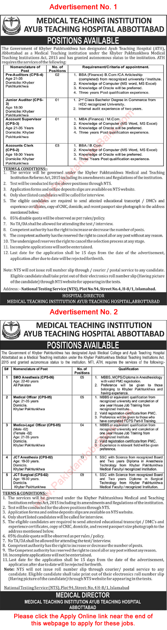Ayub Teaching Hospital Abbottabad Jobs April 2021 NTS Apply Online MTI ATH Clinical Technicians & Others Latest