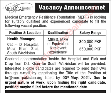 Health Manager Jobs in MERF Pakistan 2021 April Medical Emergency Resilience Foundation Latest