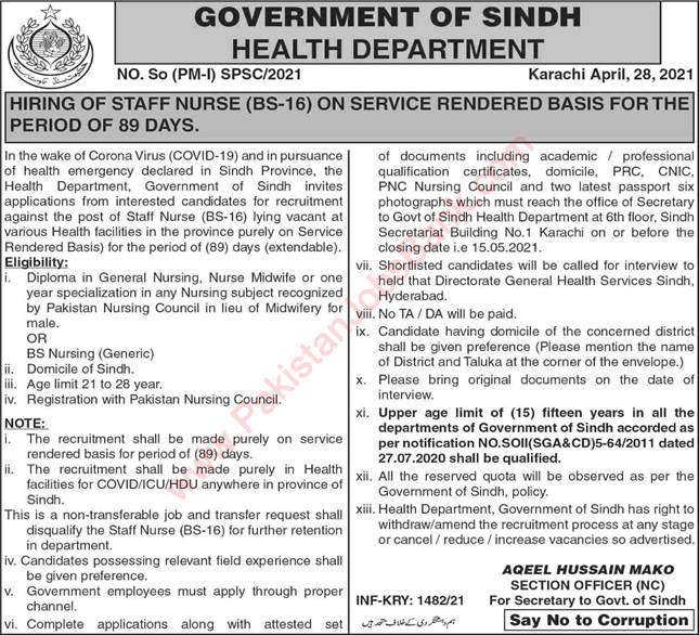 Staff Nurse Jobs in Health Department Sindh April 2021 May Latest