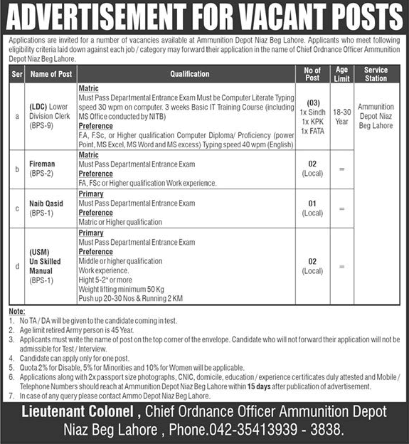 Ammunition Depot Lahore Jobs 2021 May Clerks & Others Pak Army Latest