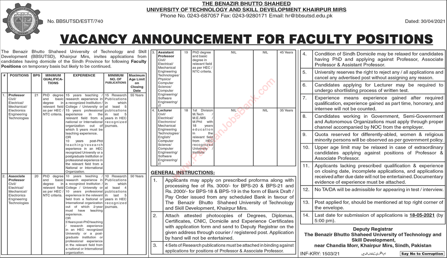 BBS University of Technology and Skill Development Khairpur Mirs Jobs 2021 May BBSUTSD Latest