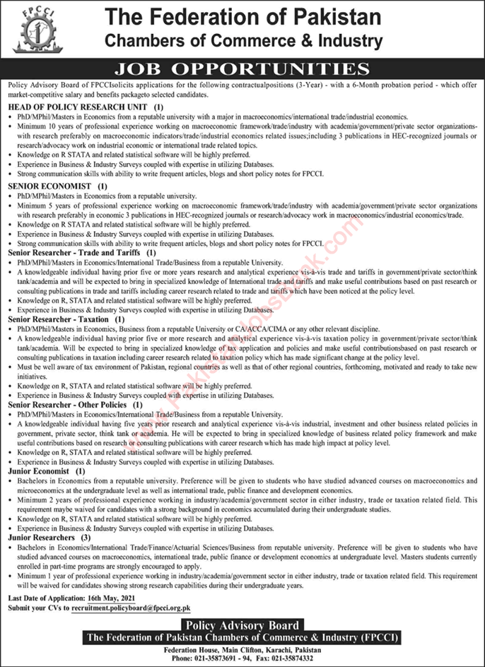 Federation of Pakistan Chambers of Commerce and Industry Jobs 2021 May FPCCI Latest