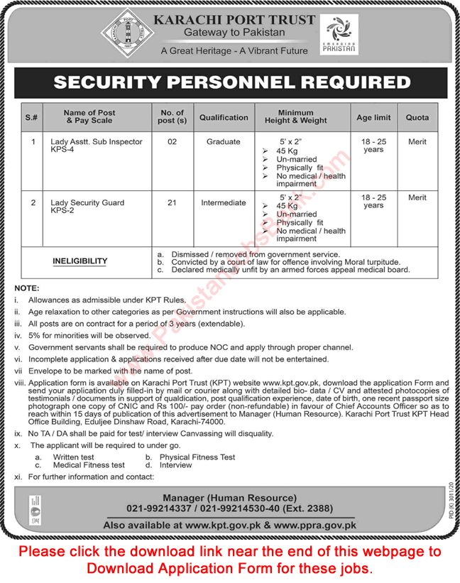 Karachi Port Trust Jobs May 2021 Application Form Lady Security Guards & ASI Latest