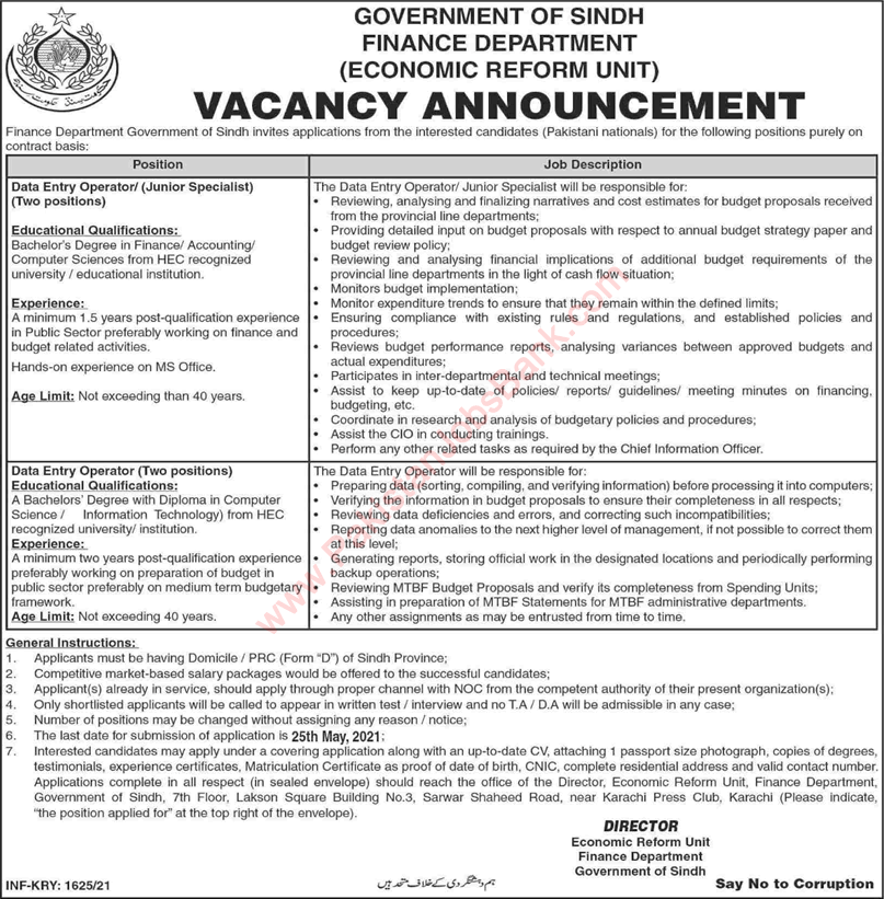 Data Entry Operator Jobs in Finance Department Sindh 2021 May Latest