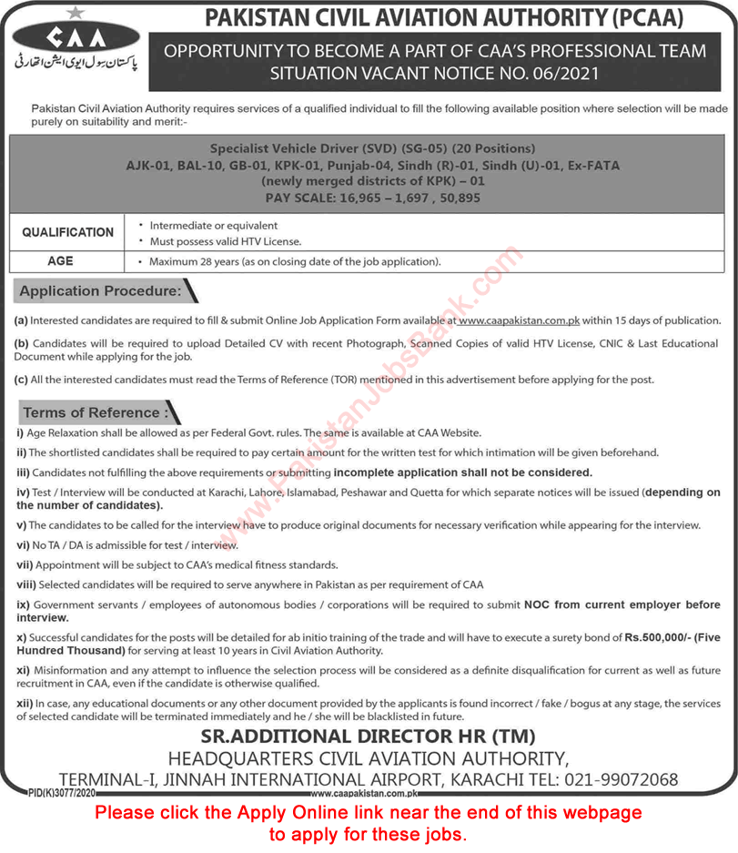 Specialist Vehicle Driver Jobs in Pakistan Civil Aviation Authority May 2021 Online Apply Latest