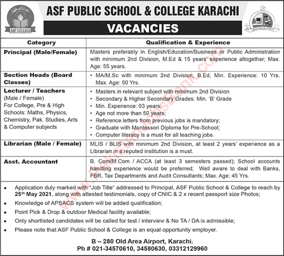 ASF Public School and College Karachi Jobs 2021 May Lecturers / Teachers & Others Latest