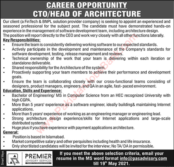 CTO / Head of Architecture Jobs in Pakistan 2021 May Premier Advisory Services Latest