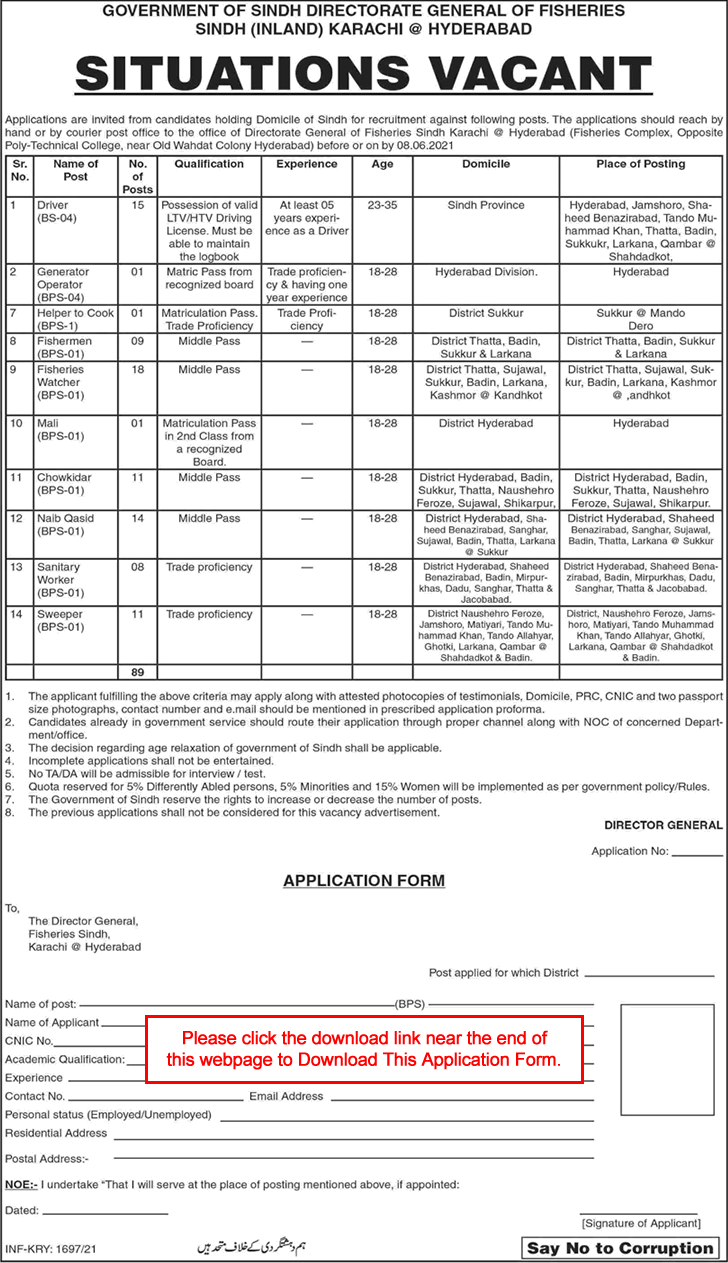Fisheries Department Sindh Jobs May 2021 Application Form Directorate General Inland Latest
