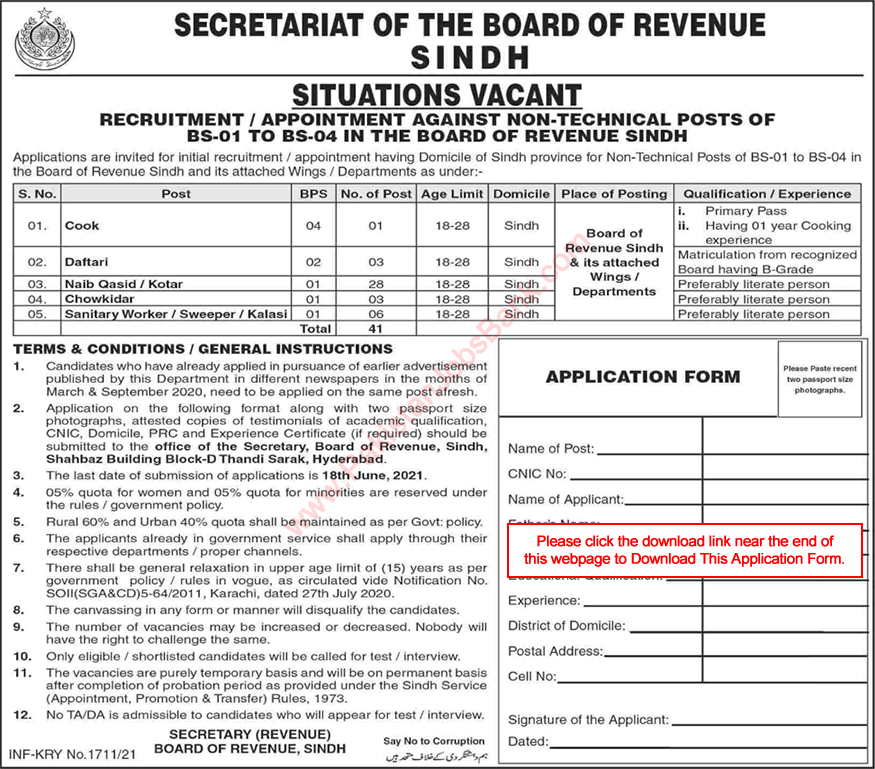 Board of Revenue Sindh Jobs 2021 May Application Form Naib Qasid & Others Latest