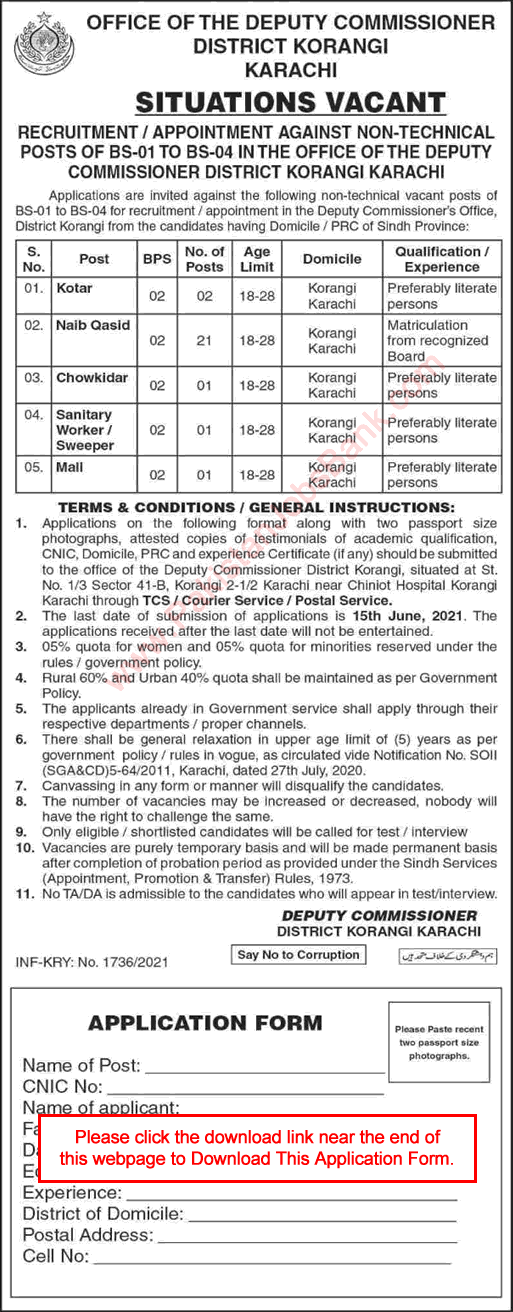 Deputy Commissioner Office Korangi Karachi Jobs May 2021 Application Form Naib Qasid & Others Latest