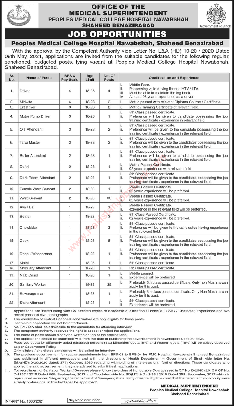 Peoples Medical College Hospital Nawabshah Jobs 2021 May Sanitary Workers, Ward Servants & Others Latest