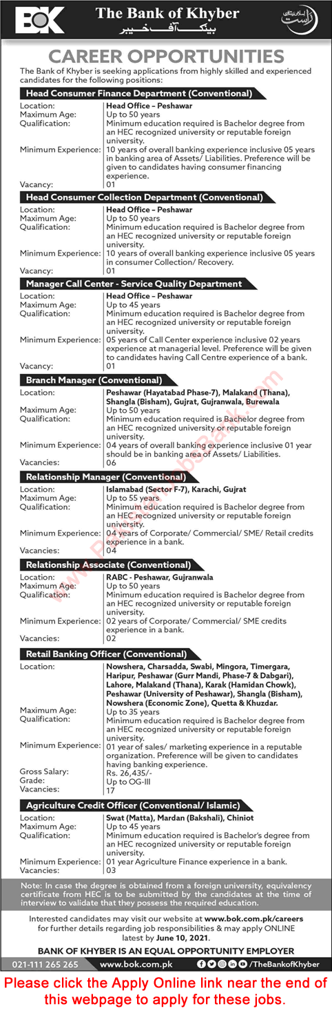 Bank of Khyber Jobs May 2021 BOK Apply Online Retail Banking Officers & Others Latest