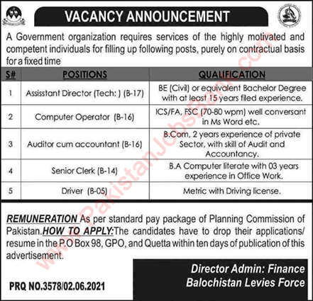 Balochistan Levies Force Jobs 2021 June Computer Operator & Others Latest