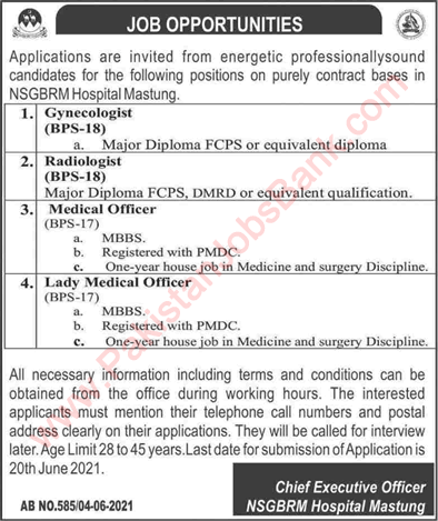 Nawab Shaheed Ghous Bakhsh Raisani Memorial Hospital Mastung Jobs June 2021 NSGBRM Latest