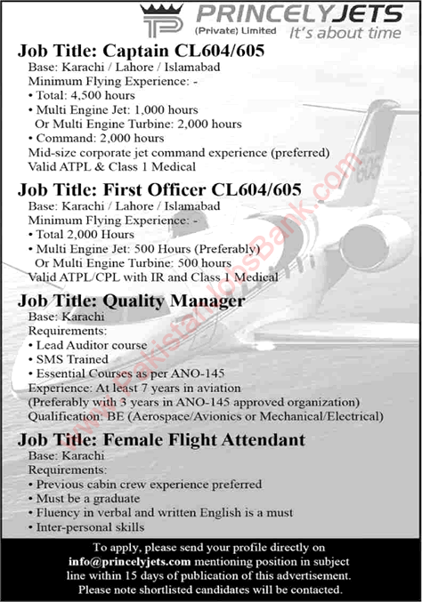 Princely Jets Pakistan Jobs 2021 June Flight Attendant, Captain & Others Latest