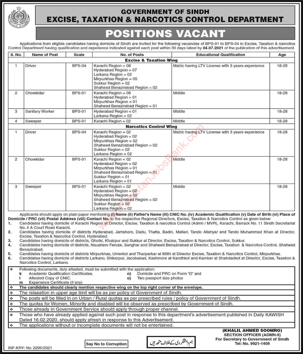 Excise Taxation and Narcotics Control Department Sindh Jobs 2021 June Drivers & Others Latest