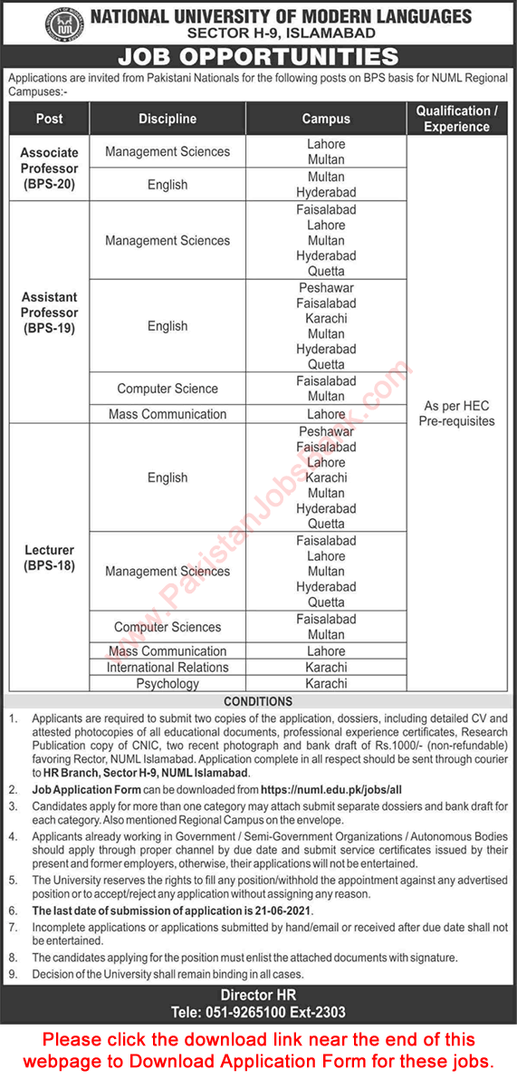 Teaching Faculty Jobs in NUML University June 2021 Application Form National University of Modern Languages Latest