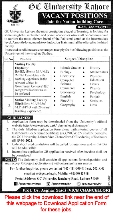Visiting Faculty Jobs in GC University Lahore June 2021 Application Form Government College University Latest