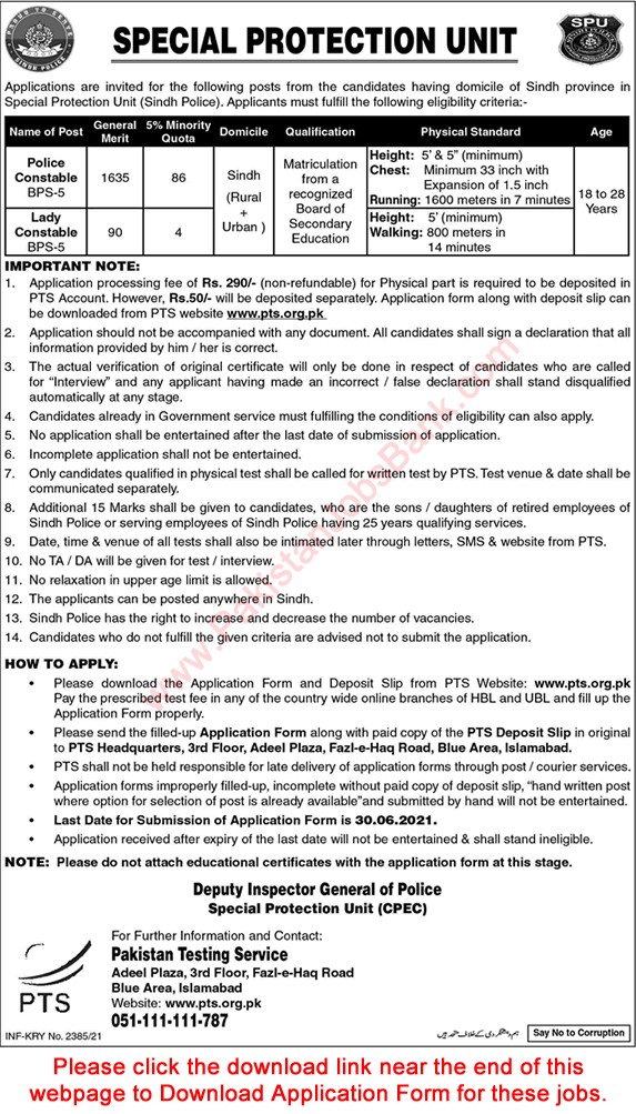 Constable Jobs in Sindh Police 2021 June PTS Application Form Download Latest / New