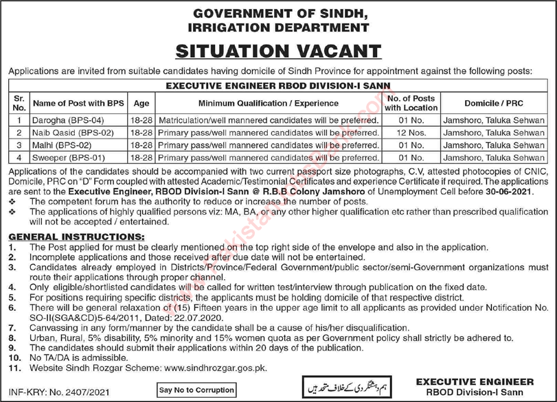 Irrigation Department Sindh Jobs June 2021 RBOD Division Sann Naib Qasid & Others Latest