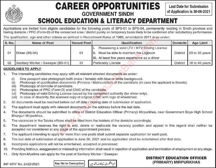 School Education and Literacy Department Sindh Jobs June 2021 Sweepers & Drivers Latest