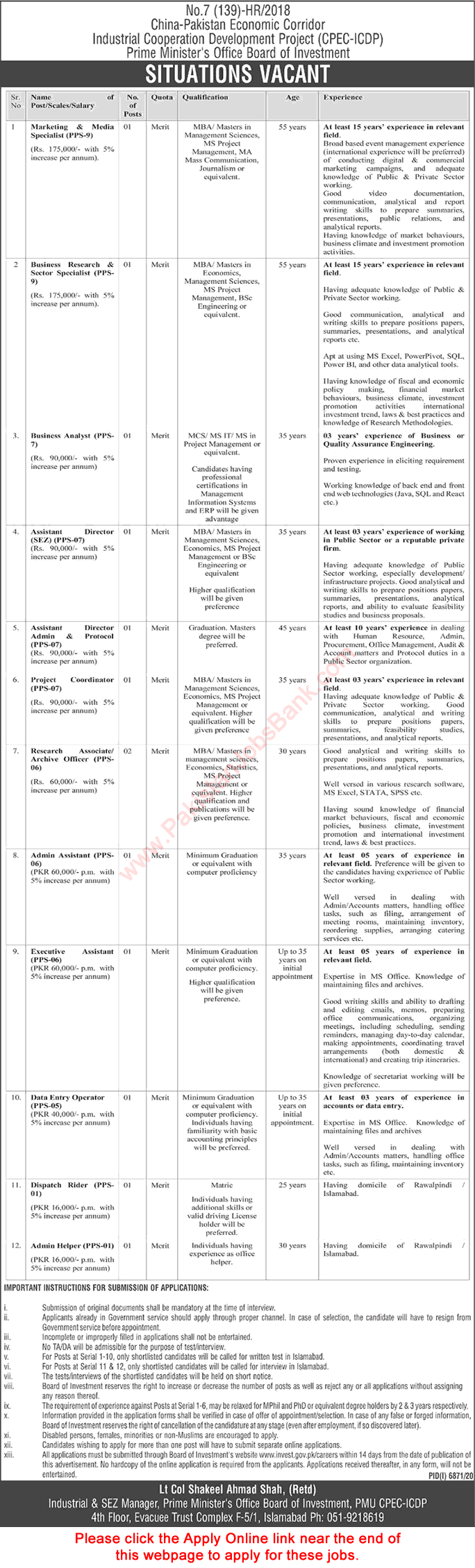 Board of Investment Islamabad Jobs 2021 June Apply Online Assistant Directors & Others Prime Minister's Office Latest