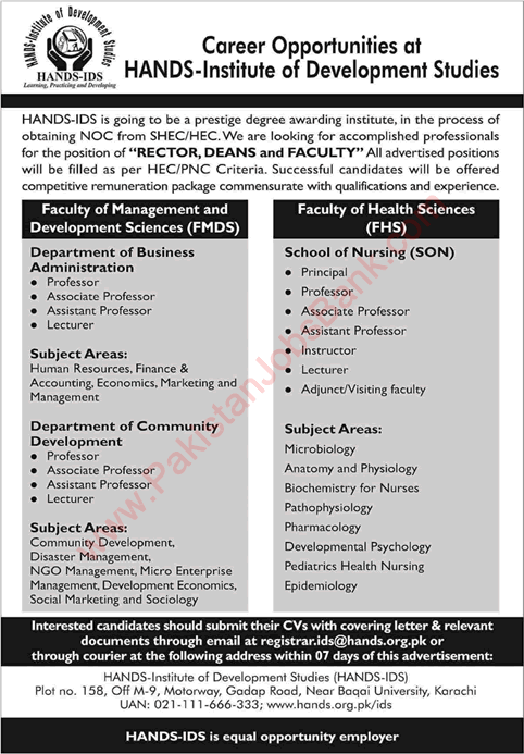 Teaching Faculty Jobs in HANDS Institute of Development Studies 2021 June IDS Karachi Latest