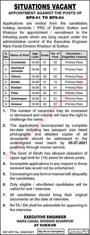 Irrigation Department Khairpur Jobs 2021 June Belder, & Others NARA Canal Division Latest