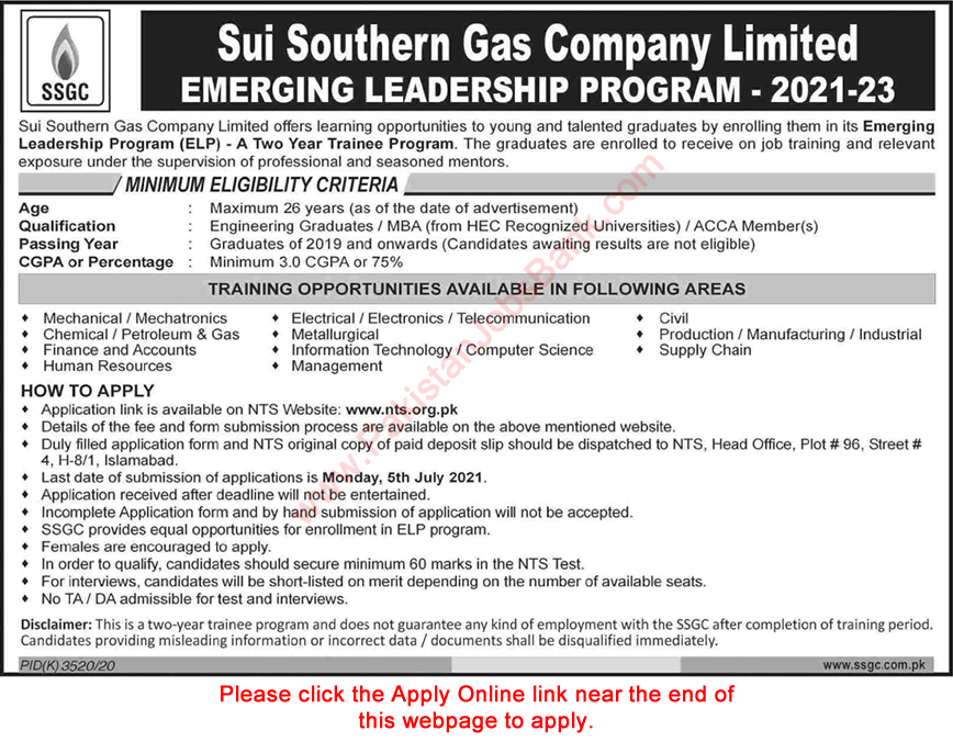 SSGC Emerging Leadership Trainee Program 2021-23 NTS Online Apply Sui Southern Gas Company Limited Latest