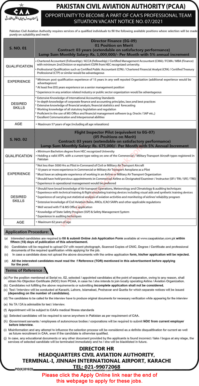 Civil Aviation Authority Pakistan Jobs 2021 June CAA Apply Online Flight Inspector Pilot & Director Finance Latest