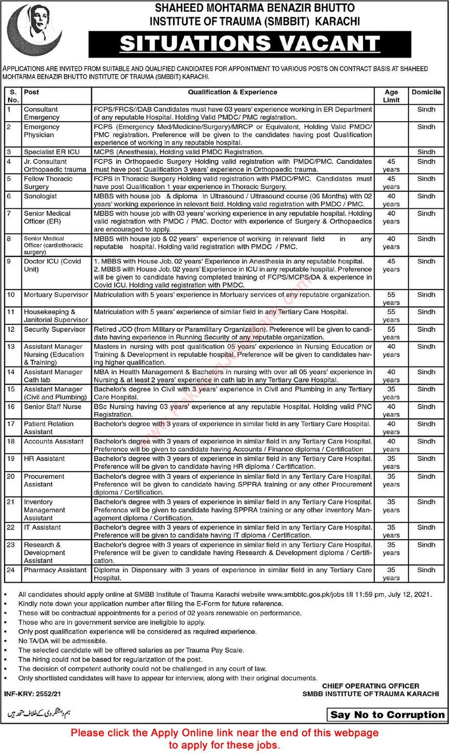 Shaheed Mohtarma Benazir Bhutto Institute of Trauma Karachi Jobs June 2021 SMBBIT Apply Online Latest