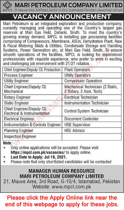 Mari Petroleum Company Daharki Jobs 2021 July Apply Online Sindh MCPL Latest