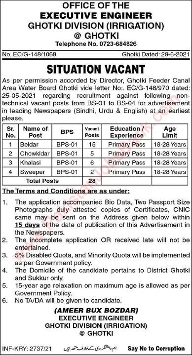 Irrigation Department Ghotki Jobs 2021 July Baildar, Chowkidar & Others Latest