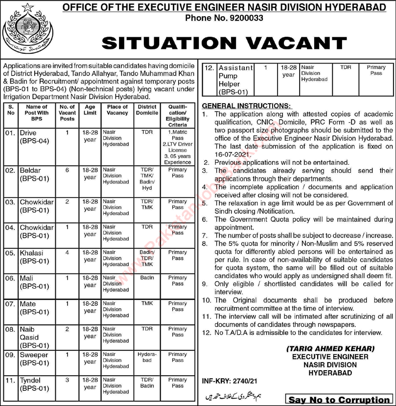 Irrigation Department Hyderabad Jobs 2021 July Nasir Division Baildar & Others Latest