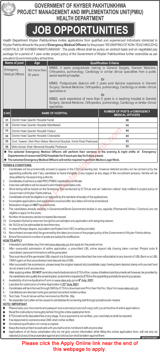 Emergency Medical Officer Jobs in Health Department KPK July 2021 ETEA Apply Online Latest