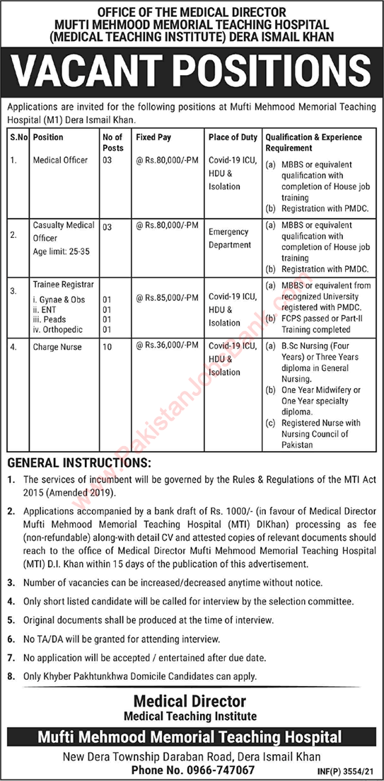 Mufti Mehmood Memorial Teaching Hospital Dera Ismail Khan Jobs 2021 July MTI Nurses & Others Latest